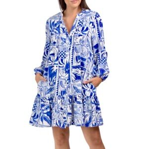 Rachel Zoe Blue & White Printed Pleated Front Mini Dress Long Sleeve size M